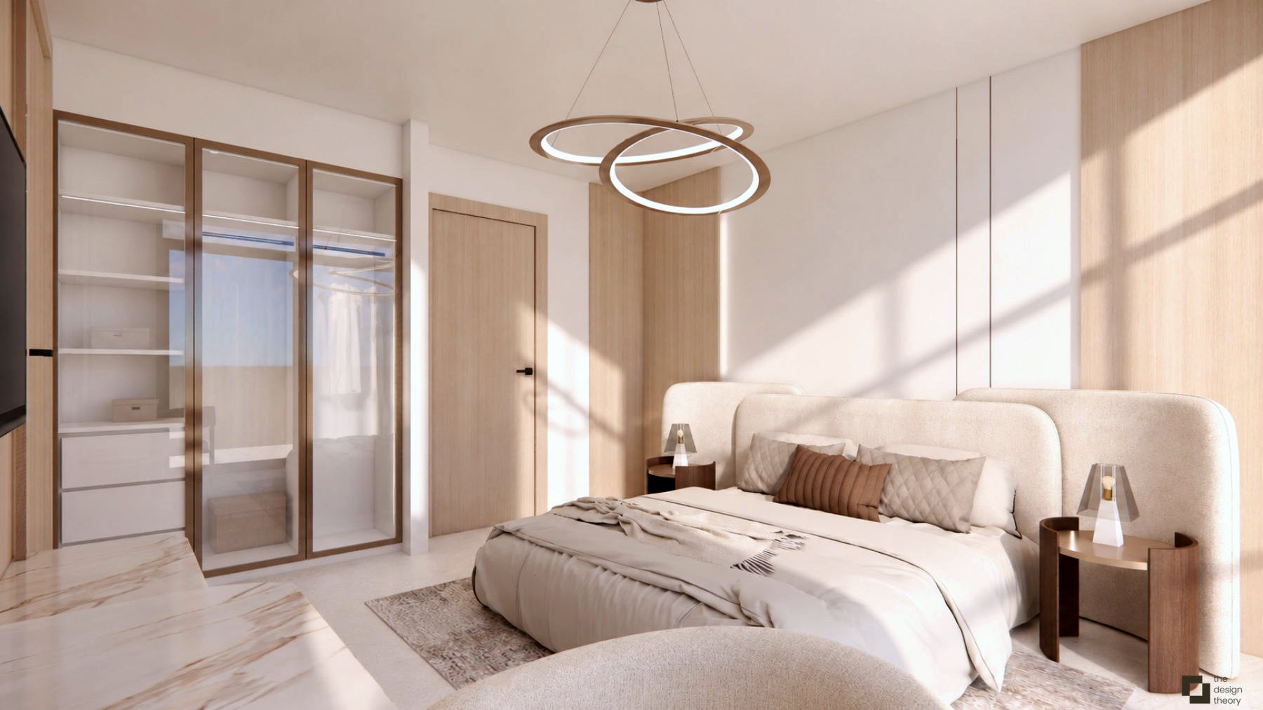 Bedroom with sculpted headboard
