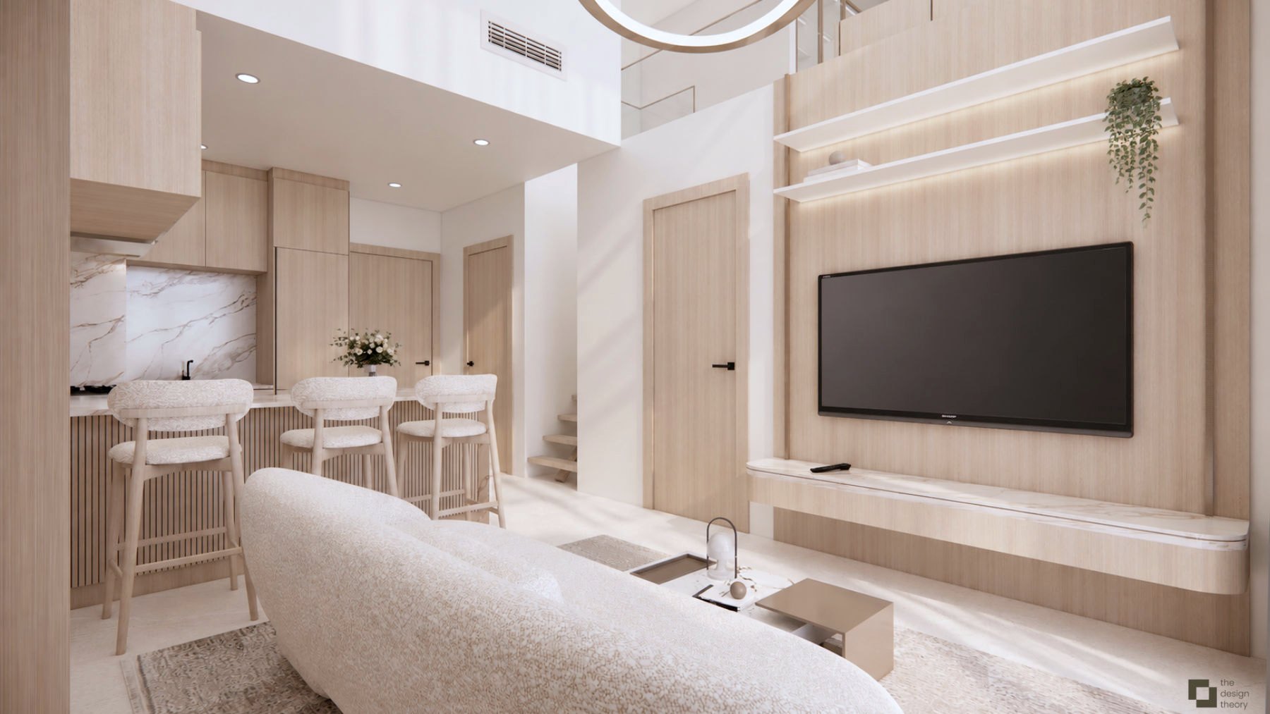 Kitchen with marble splashback and bar stools